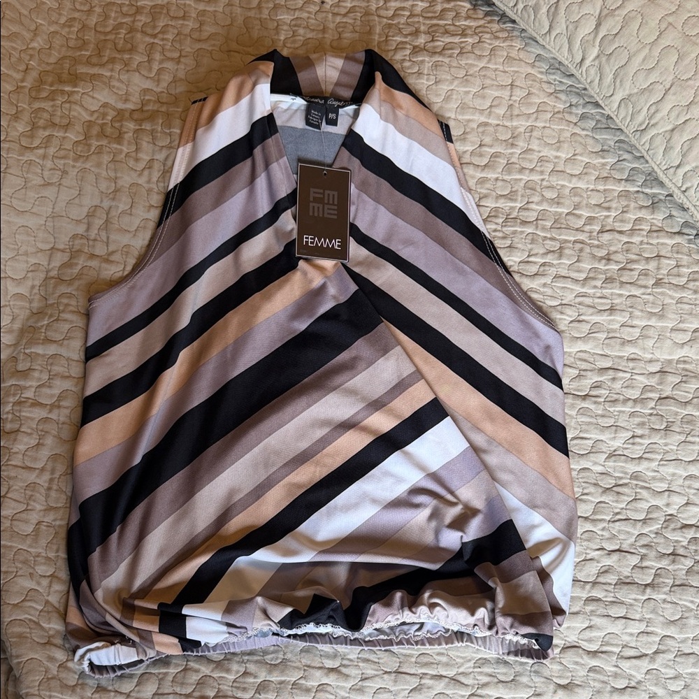 FEMME Women's Striped Tank Top - Black, White, Tan